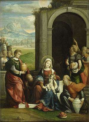 An oil painting of the Adoration of the Magi in a landscape near a ruin