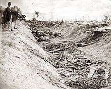 An old photograph of a sunken road filled with bodies. Soldiers stand near the road. The landscape is stark with bare and broken trees.