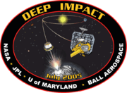 An oval with a red and black border encloses an image of a spacecraft and it's trajectory from Earth, depicting a deployed impactor before and after its impact with a comet.