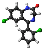 Ball-and-stick model of the delorazepam molecule