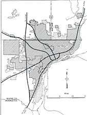 Black and white map from the  General Location of National System of Interstate Highways Including All Additional Routes at Urban Areas Designated in September 1955