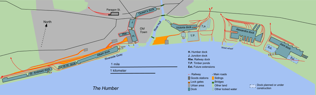 Map showing the Hull docks, associated railways, stations, locks, bridges and sidings in the context of the River Hull and Humber estuary