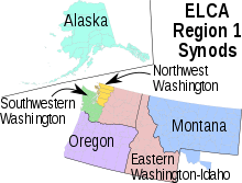 A map of the northwest US showing the ELCA synods of Region 1