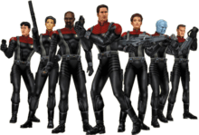 Seven characters wearing armored versions of the Star Trek: Voyager uniforms and carrying a variety of futuristic weaponry. Among their number are two women and a blue-skinned alien.