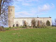 A plain stone church, partly rendered, seen from the south with a tower to the left and the body of the church extending to the right