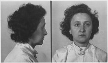 Side- and front-view portrait photographs of woman wearing white apparel. The woman has thick, black, curly hair and maintains an emotionless face