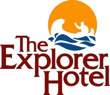 The words "The Explorer Hotel" underneath a stylized rendition of a canoeist on the water in a circle