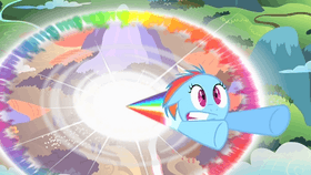 A young blue pegasus with a rainbow-colored mane blasts upward from the ground with a large circular rainbow explosion in her wake. She has a shocked expression on her face.