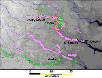 A map showing a portion of North Carolina, which is pin-pointing the flooded areas along the Tar and Neuse rivers