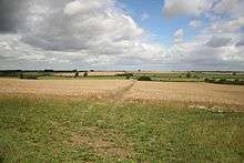 a field of standing wheat, with a bare fotpath going straight up from where we stand.  Above all a rolling seies of cumulus clouds crwod an otherwise blue sky.  The terrain to the distant woodland on the horizon is tiny, loosely rolling, low hills.  The immediate nearground is a field margin of low green grasses.