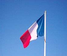 A vertical tricolour with blue, white and red stripes flies from a white flagpole before a clear blue sky.