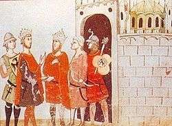 Manuscript illumination of five men outside a fortress