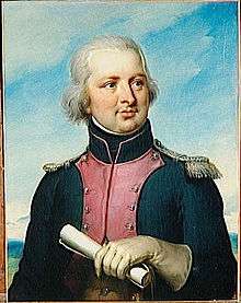 Painting of a slightly pudgy man with gray hair in a blue military uniform.