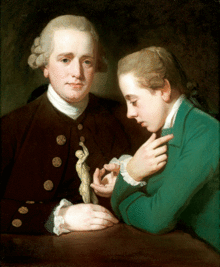 George Romney (English, 1734-1802), Robert, 9th Baron Petre, Demonstrating the Use of an Écorché Figure to His Son, Robert Edward c. 1775 – 1776, 76 x 63.2 cm, Oil on canvas, Levy Bequest Purchase, Collection of McMaster Museum of Art, McMaster University