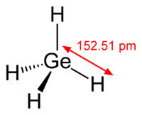 Skeletal chemical structure of a tetrahedral molecule with germanium atom in its center bonded to four hydrogen atoms. The Ge-H distance is 152.51 picometers.