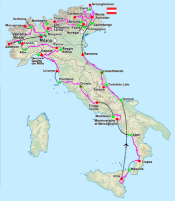 A physical map of Italy, with the host cities for the Giro marked with red and green dots and the route among them drawn with purple lines.