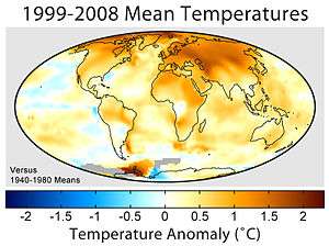 World map of temperature distribution shows the northern hemisphere was warmer than the southern hemisphere during the periods compared.