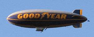 Cigar-shaped blimp with "Good Year" written on its side.