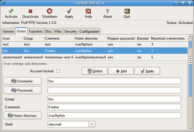 Screenshot of GAdmin-ProFTPD 8.2.4 user tab