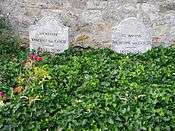 Two graves and two gravestones side by side; heading behind a bed of green leaves, bearing the remains of Vincent and Theo Van Gogh, where they lie in the cemetery of Auvers-sur-Oise. The stone to the left bears the inscription: Ici Repose Vincent van Gogh (1853–1890) and the stone to the right reads: Ici Repose Theodore van Gogh (1857–1891)