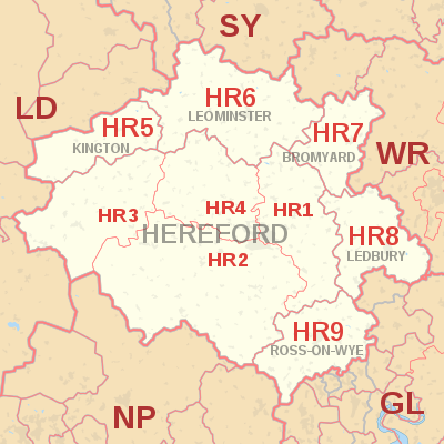 HR postcode area map, showing postcode districts, post towns and neighbouring postcode areas.