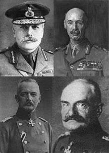 Collage of four monochrome portrait faces of military officers in General Staff uniforms. Top left officer with moustache and General Staff cap, other three officers without head-dress. Lower two portraits in German General Staff uniform while top two portraits in British General Staff uniform.