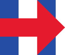 Clinton's 2016 presidential campaign logo, a large blue letter "H" with a red arrow facing right, overlaying the horizontal bar of the "H". The head of the arrow is also overlaid over the right vertical bar of the "H", with two small blue triangles poking out where the bar of the "H" is not covered by the arrow.