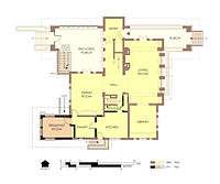 Hills House First Floor Plan in 1975/76.  Alterations since 1906 are marked in orange with bold walls.