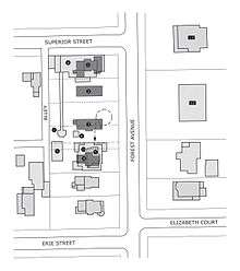 Line drawing map of Forest Avenue showing Nathan Moore and Edward Hills Properties on the west side of the street. An overlay shows the four houses which previously occupied the site. An additional overlay depicts the former Gray house (second house of four from the south) as it was rotated and moved for remodeling into the Edward R. Hills House.