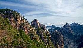 Rocky mountain landscape with pine trees.