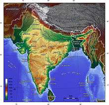 Map of India. Most of India is yellow (elevation 100–1000 m). Some areas in the south and mid-east are brown (above 1000 m). Major river valleys are green (below 100 m).