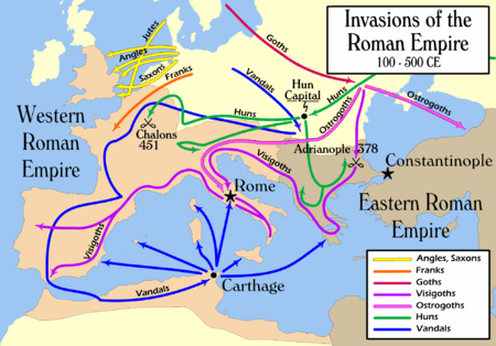 Map of Europe, with colored lines denoting migration routes