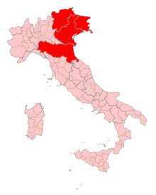 "A picture showing Northeast Italy highlighted in red in a political map of Italy."