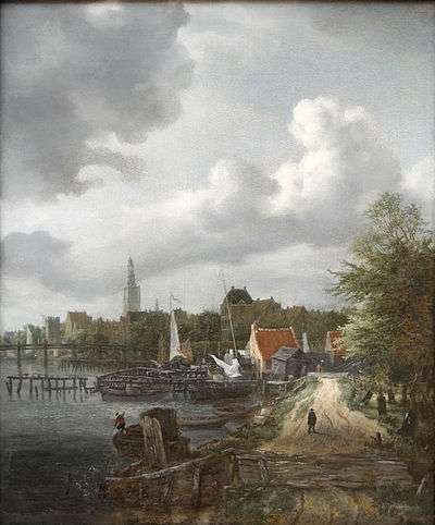 Painting of a city scene with a river