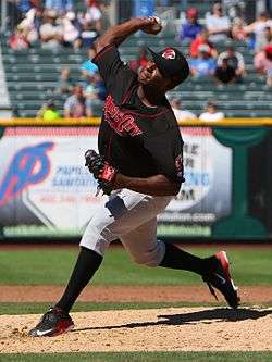 A man wearing a black baseball jersey with "Music City" written across the chest, gray pants, black socks, and a black cap in the midst of pitching a baseball from the mound