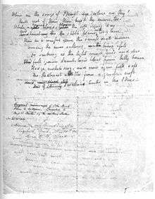 A white sheet of paper that is completely filled with a poem in cursive hand writing. A few of the words are scratched out with other words written above as corrections. Words can be partly seen from the other side of the page but they are illegible. A note midway down the page describes that it is an "Original manuscript of John Keats's Poem to Autumn."