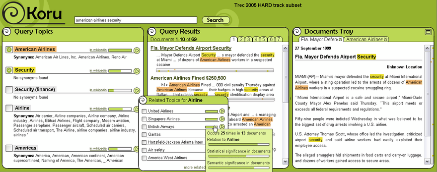 Screenshot of Koru search engine showing all three panels.