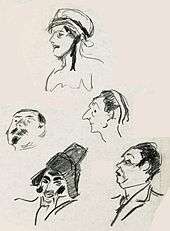 pencil sketches of characters in comic opera, head and shoulders only