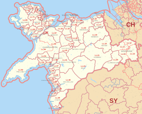 LL postcode area map, showing postcode districts, post towns and neighbouring postcode areas.