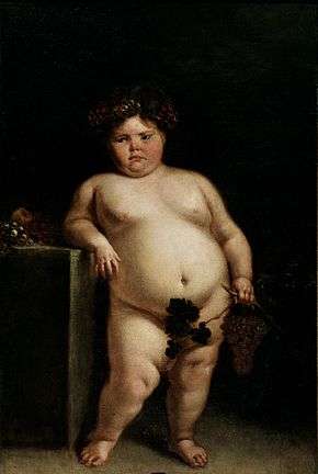 A painting of a dark haired pink cheeked obese nude young female leaning against a table.  She is holding grapes and grape leaves in her left hand which cover her genitalia.