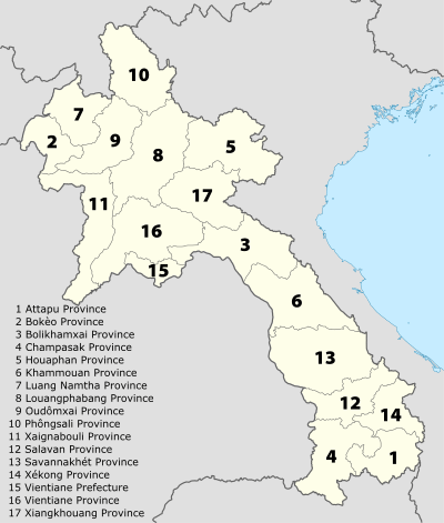 A clickable map of Laos exhibiting its provinces.