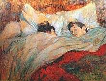 A painting of two short-haired women in a massive bed, covered to their chins in blankets under a red top cover. One woman is looking sleepily at the other.