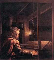 16th-century painting of Penelope weaving by candlelight.