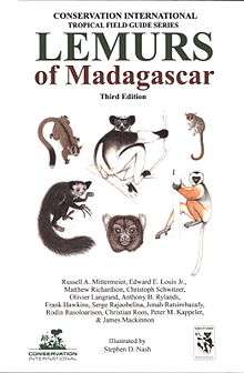 Book cover with color illustrations of an indri, diademed sifaka, greater bamboo lemur (face only), mouse lemur, fork-marked lemur, and an aye-aye