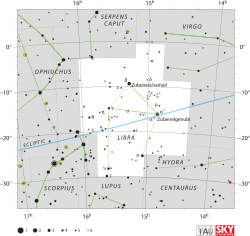 Diagram showing star positions and boundaries of the constellation Libra and its surroundings