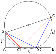 Figure 6. Geometric solution of eh x squared plus b x plus c = 0 using Lill's method. The geometric construction is as follows: Draw a trapezoid S Eh B C. Line S Eh of length eh is the vertical left side of the trapezoid. Line Eh B of length b is the horizontal bottom of the trapezoid. Line B C of length c is the vertical right side of the trapezoid. Line C S completes the trapezoid. From the midpoint of line C S, draw a circle passing through points C and S. Depending on the relative lengths of eh, b, and c, the circle may or may not intersect line Eh B. If it does, then the equation has a solution. If we call the intersection points X 1 and X 2, then the two solutions are given by negative Eh X 1 divided by S Eh, and negative Eh X 2 divided by S Eh.