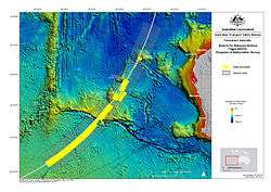 Bathymetric map of the southern Indian Ocean, west of Australia, overlaid with the 7th BTO arc, the wide area search, and the regions where the bathymetric survey was completed