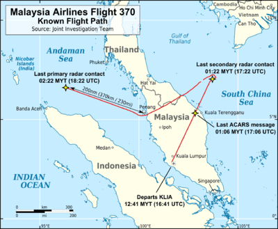 Map of southeast Asia that shows the southern tip of Vietnam in the upper right (northeast), Malay Peninsula (southern part of Thailand, part of Malaysia, and Singapore), upper part of Sumatra island, most of the Gulf of Thailand, southwestern part of the South China Sea, Strait of Malacca, and part of the Andaman Sea. The flight path of Flight 370 is shown in red, going from KLIA (lower centre) on a straight path northeast, then (in the upper right side) turning to the right before making a sharp turn left and flies in a path that resembles a wide "V" shape (about a 120–130° angle) and ends in the upper left side. Labels note where the last ACARS message was sent just before Flight 370 crossed from Malaysia into the South China Sea, last contact was made by secondary radar before the aircraft turned right, and where final detection by military radar was made at the point where the path ends.