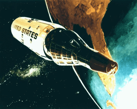 Artist's impression of two spacecraft separating from each other, backdropped against the Earth