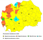 A map of Macedonia showing the most prominent ethnicity by municipality. Municipalities in the northwest frequently have Albanian majorities, and a couple with Turkish majorities. Almost all of the rest have Macedonian majorities